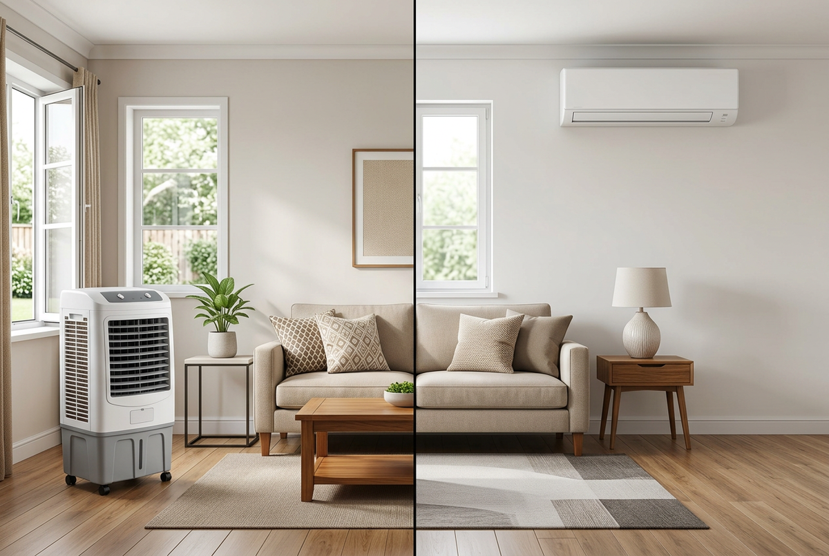 Illustrative comparison of an evaporative air cooler and a wall-mounted split air conditioner in home settings.