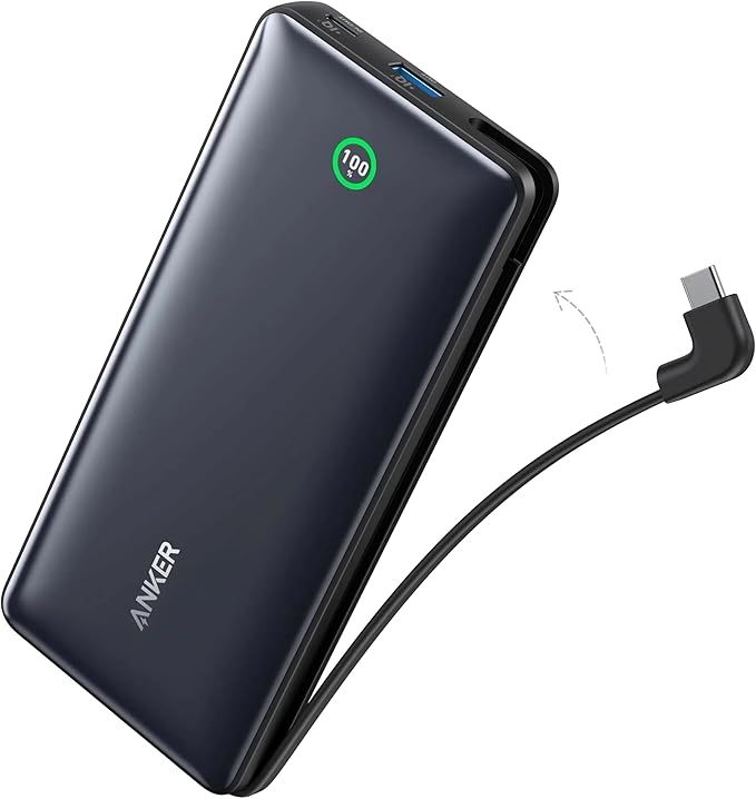 Black Anker Nano 20000mAh power bank with built-in USB-C cable on white