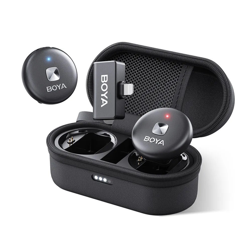 Black Boya OMIC D microphones with Lightning receiver and case