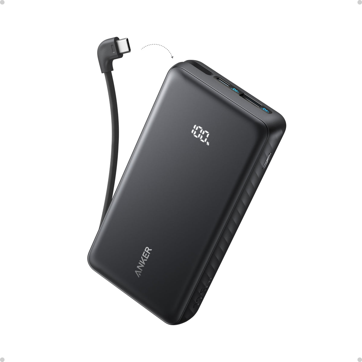 Black Anker Zolo 20000mAh power bank with built-in USB-C cable on white