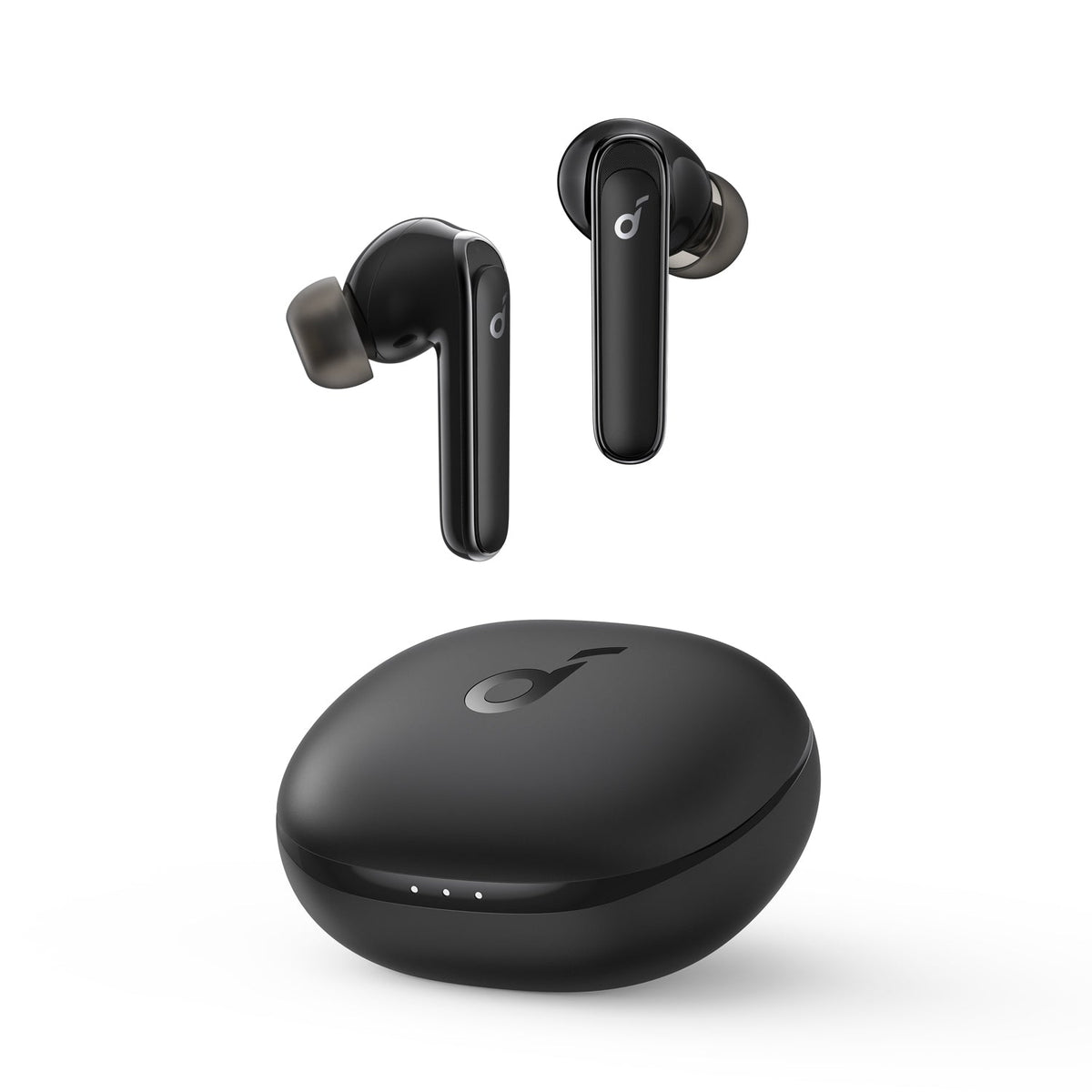 Black Soundcore Life P3 earbuds and charging case on white
