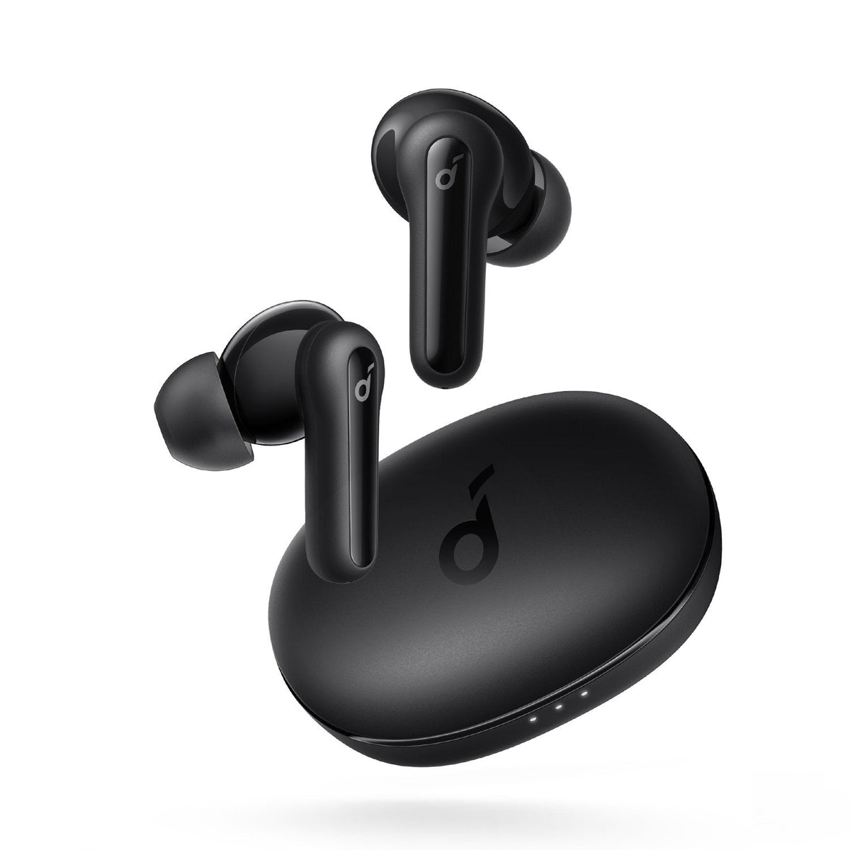 Black Soundcore Life P2 Mini earbuds and charging case on white