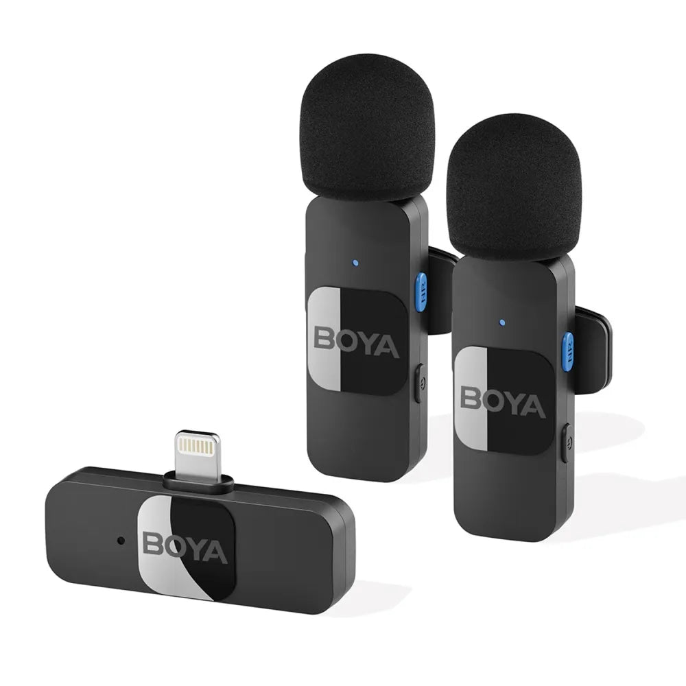 Boya BY-V2 wireless microphones with Lightning receiver on white