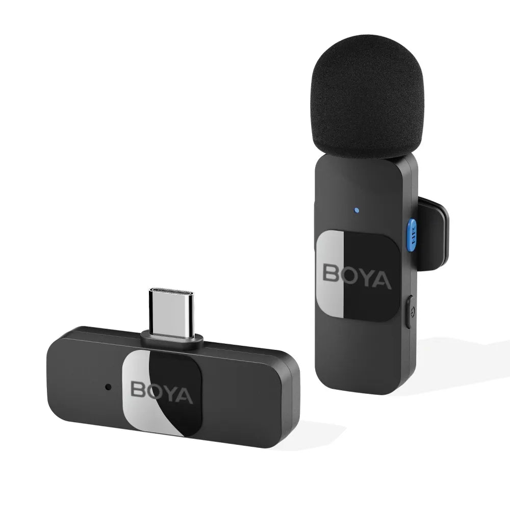 Boya BY-V10 microphone with USB-C receiver on white