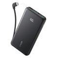 Black Anker Zolo 10000mAh power bank with built-in USB-C cable on white