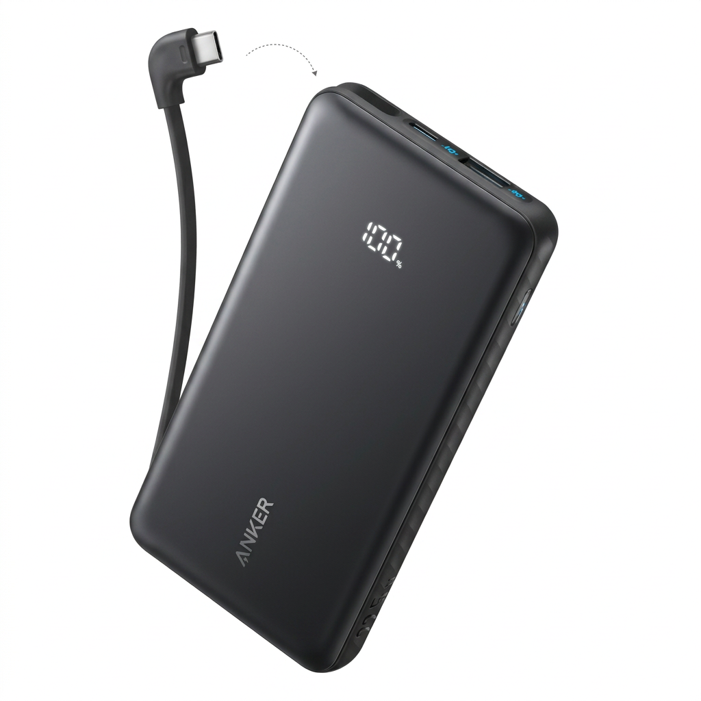 Black Anker Zolo 10000mAh power bank with built-in USB-C cable on white