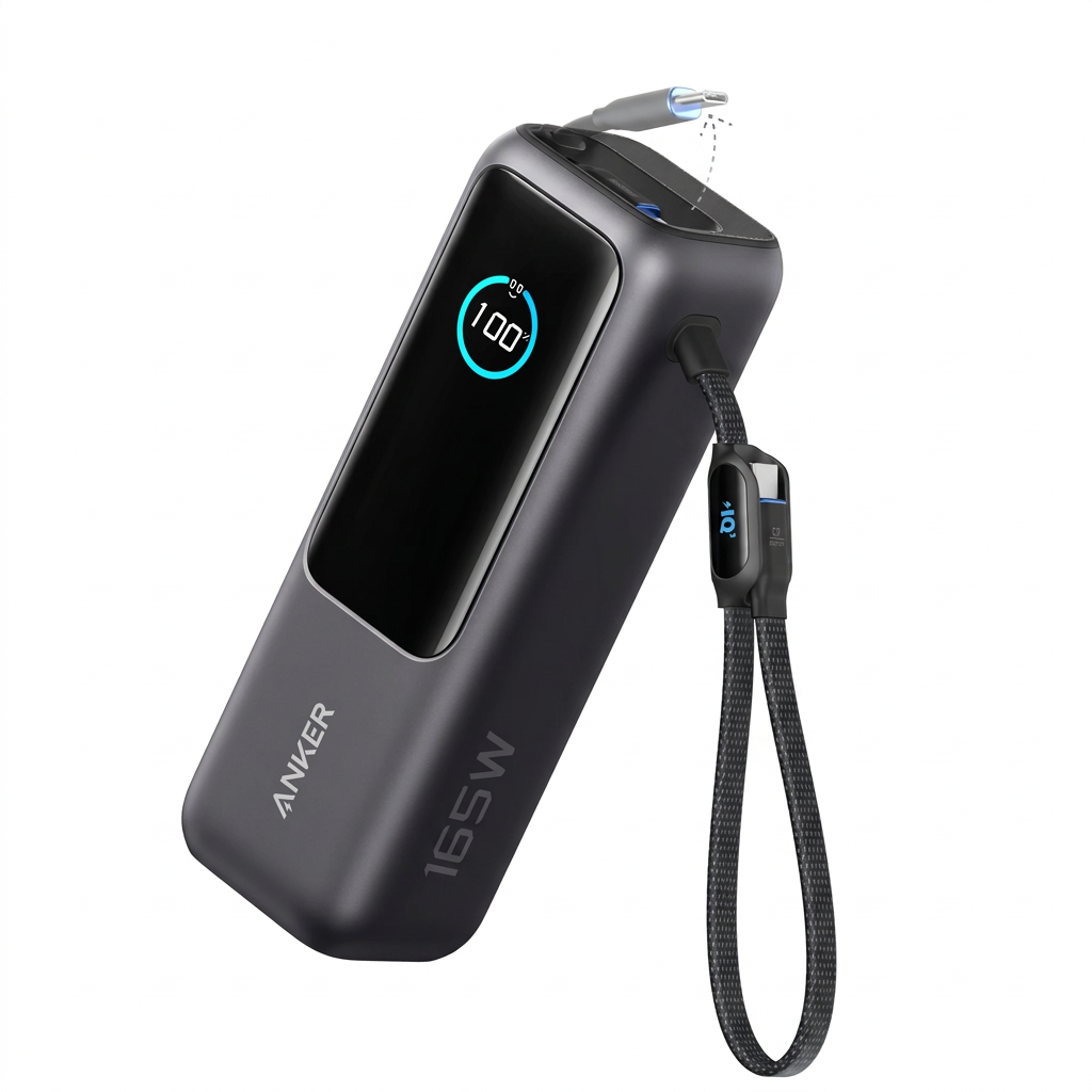 Anker 165W power bank with built-in cables on white