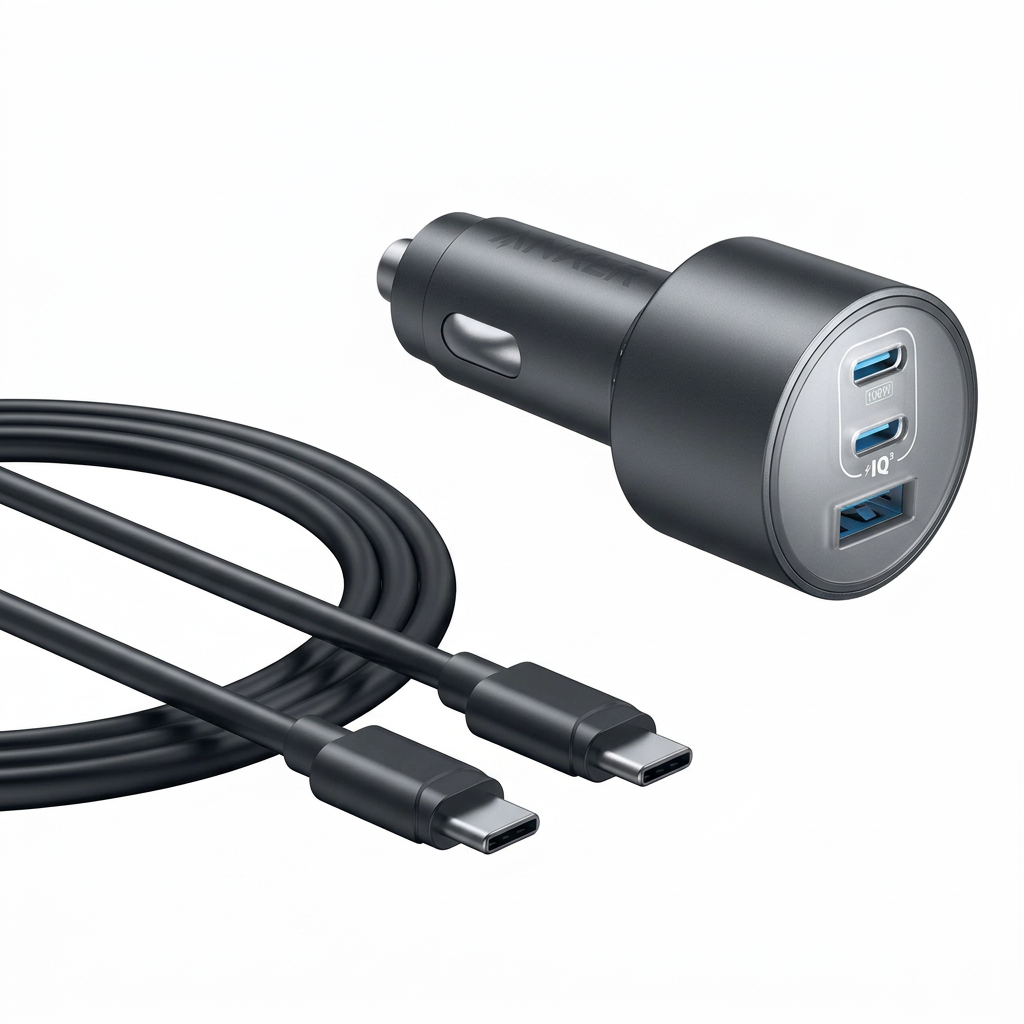 Anker 167.5W three-port car charger with USB-C cable on white