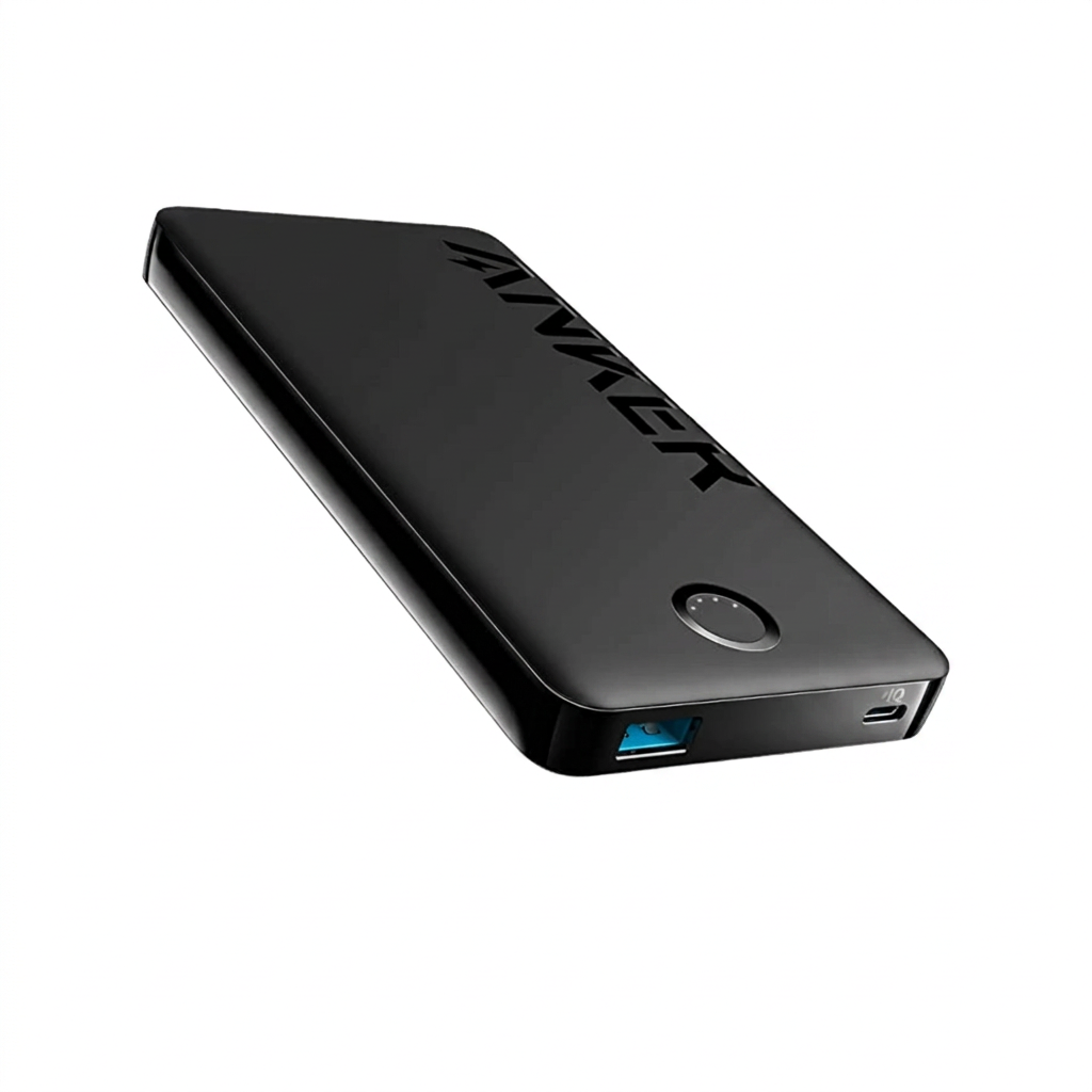 Black Anker 323 10000mAh power bank on white