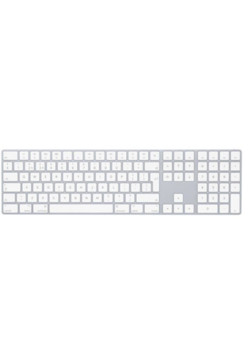 Silver Apple Magic Keyboard with numeric keypad and British English keys on white