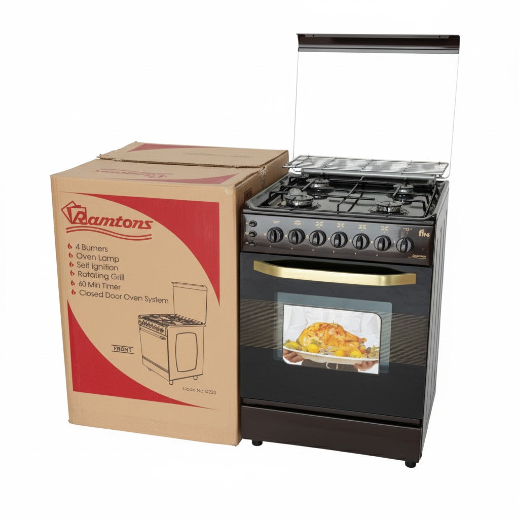 Representative Ramtons 55*60 full gas standing cooker. Colour and appearance may vary; configuration as listed.