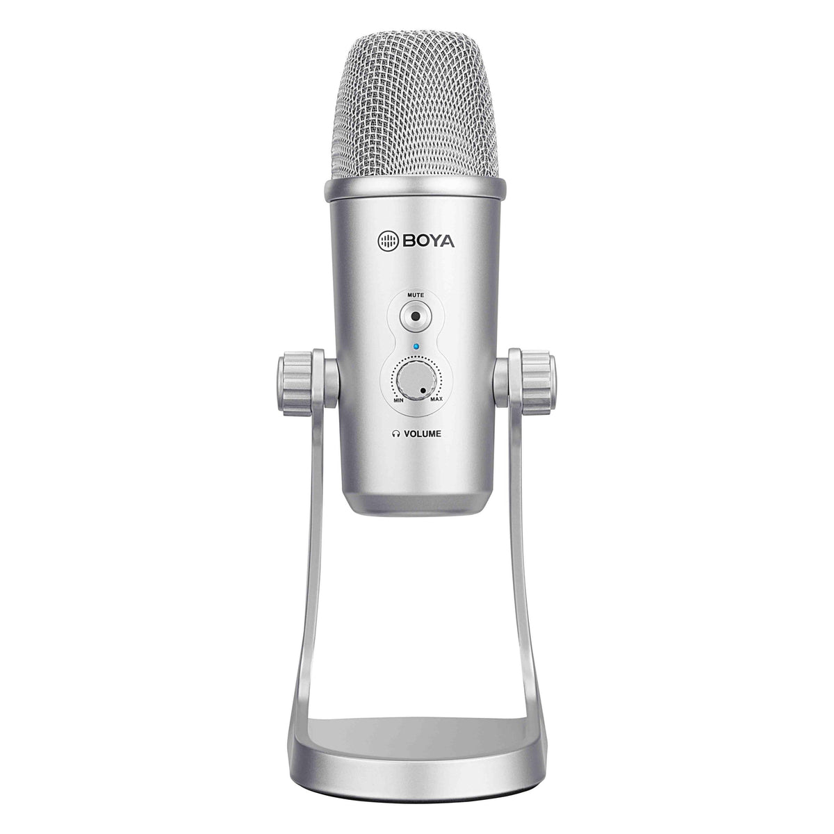 Silver Boya BY-PM700SP USB condenser microphone with desktop stand on white