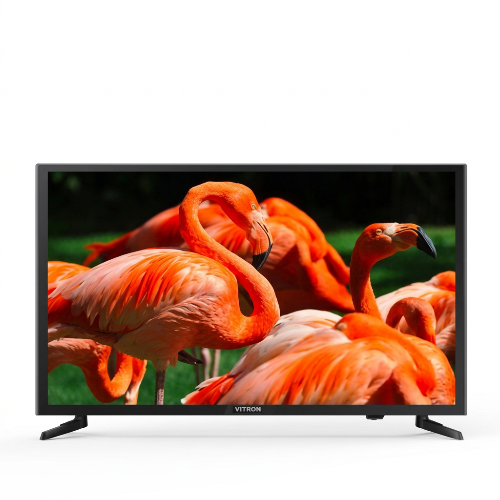 AI-edited angled Vitron digital TV on white; screen and depth illustrative.