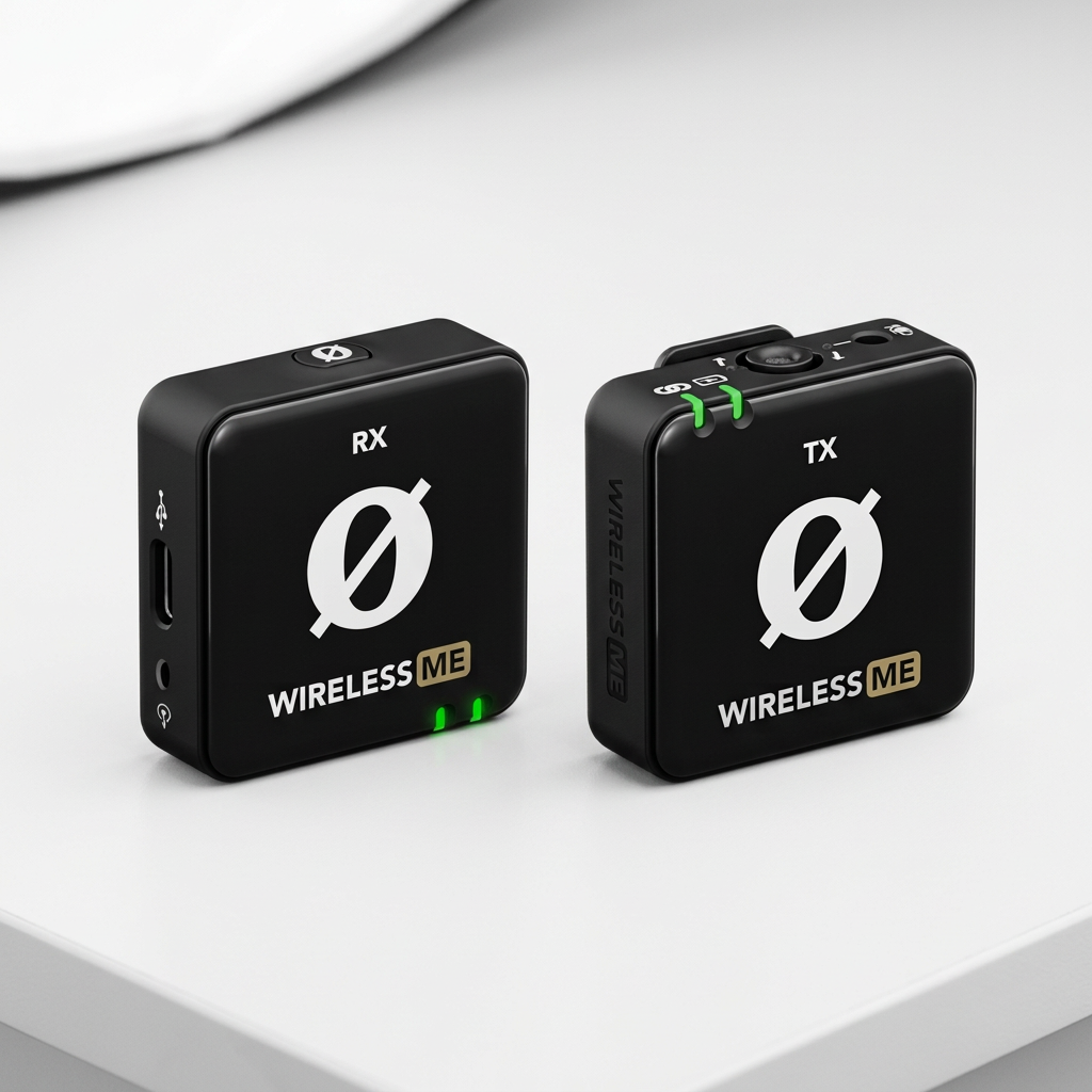 AI-generated unpacked view of RØDE Wireless ME transmitter and receiver on a white surface