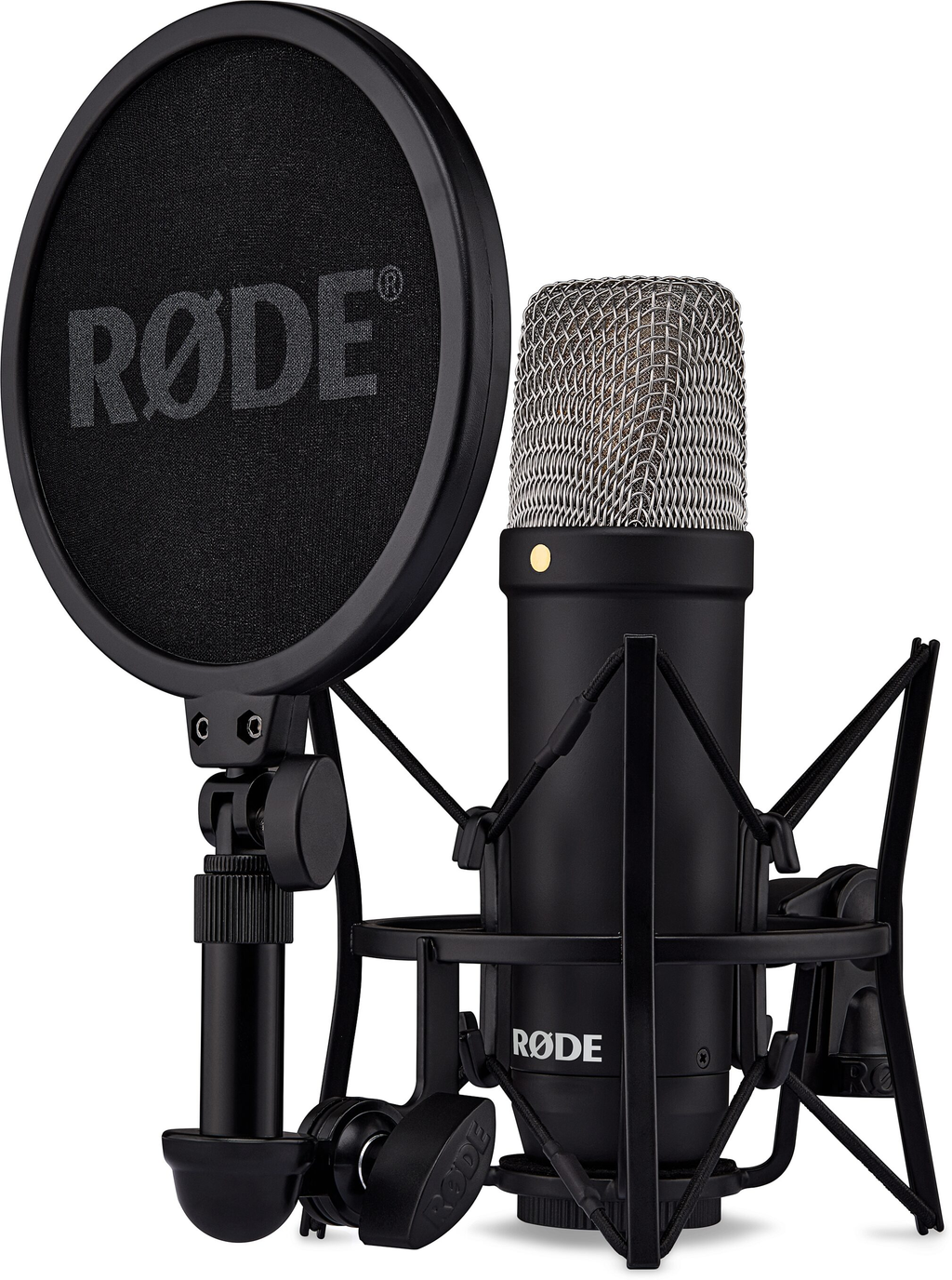 Black RØDE NT1 Signature microphone with silver grille, shock mount and round pop filter on white