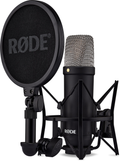 Black RØDE NT1 Signature microphone with silver grille, shock mount and round pop filter on white