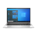 Silver HP laptop viewed from the front with the lid open on a white background.