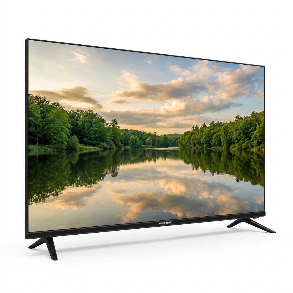 AI-edited angled Vision Plus TV on white based on main saved reference; screen illustrative.