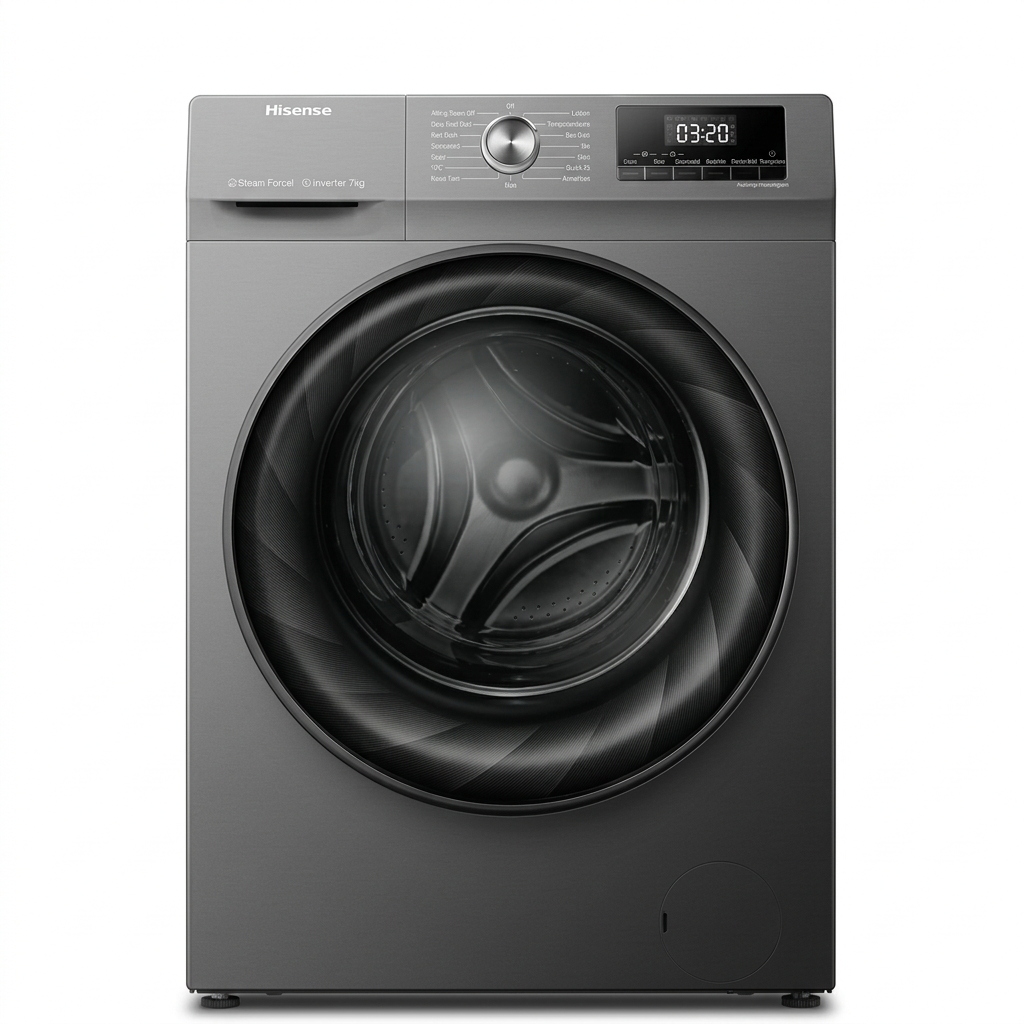 AI-edited grey Hisense front-load washer closed on white, based on first supplied reference.