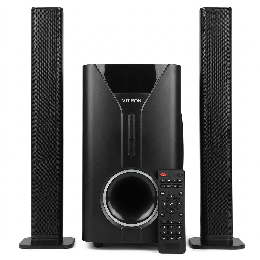 AI-edited Vitron V527 subwoofer, two tall satellite speakers and remote on white, normal view.