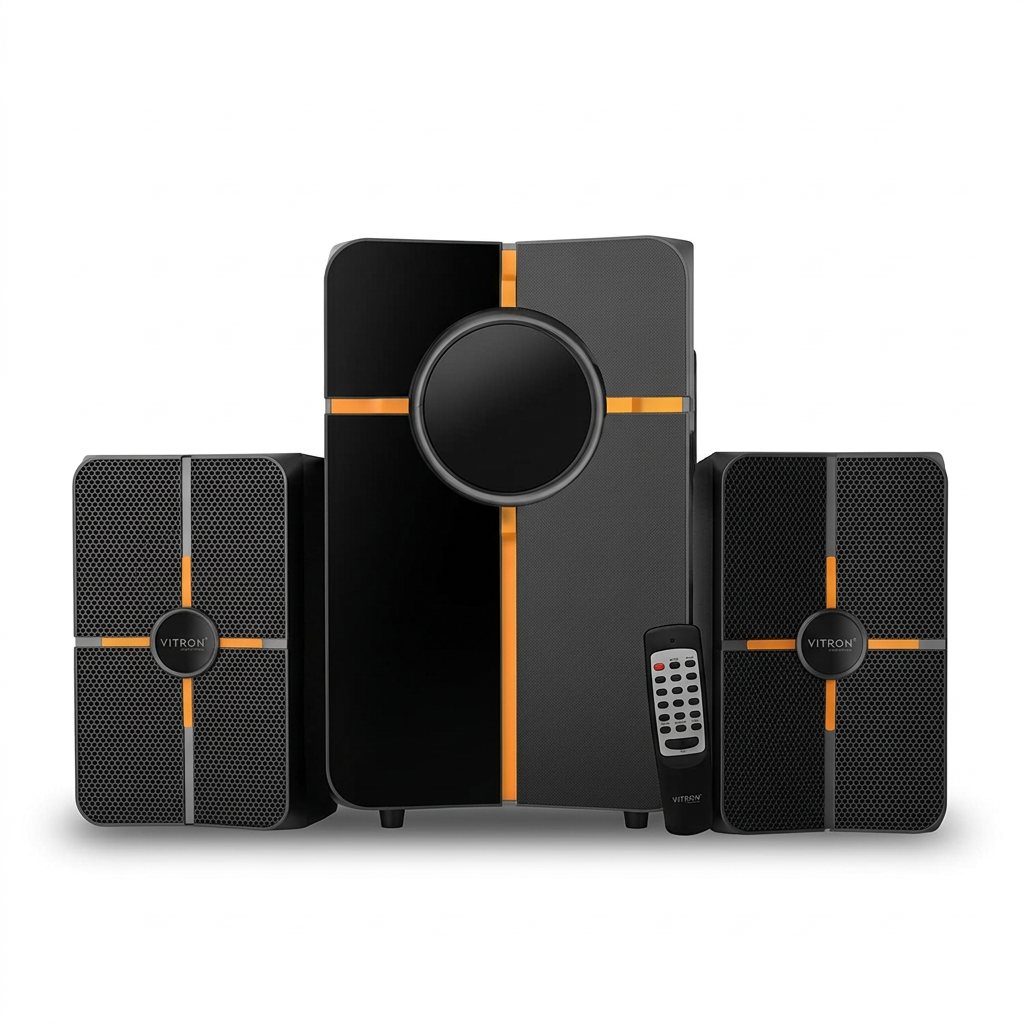AI-edited Vitron V402 subwoofer, two satellite speakers and remote on white with display off.