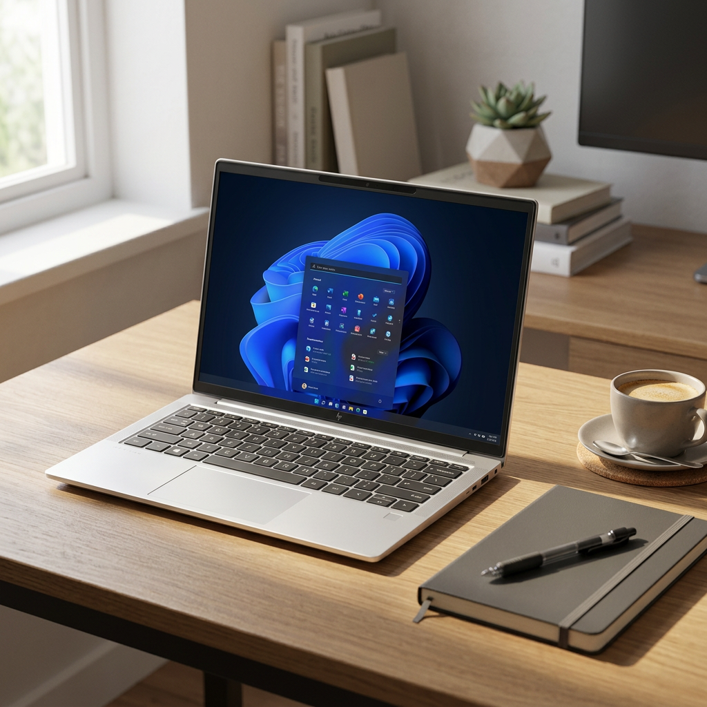 Silver HP laptop open on a home-office desk beside a notebook and coffee cup.