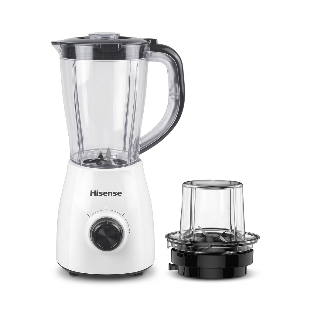 AI-edited Hisense white blender with clear 1.5L jug and separate grinder, normal view