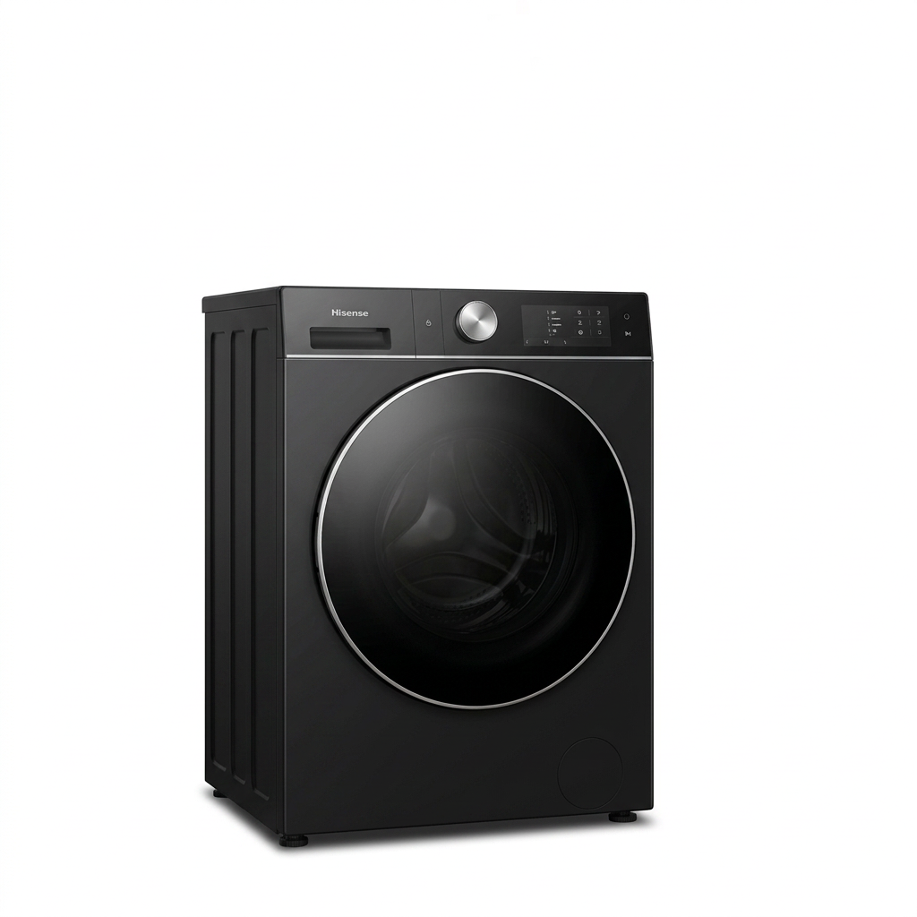 AI-edited black Hisense washer-dryer closed on white based on supplied references; exact model unconfirmed.