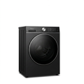 AI-edited black Hisense washer-dryer closed on white based on supplied references; exact model unconfirmed.