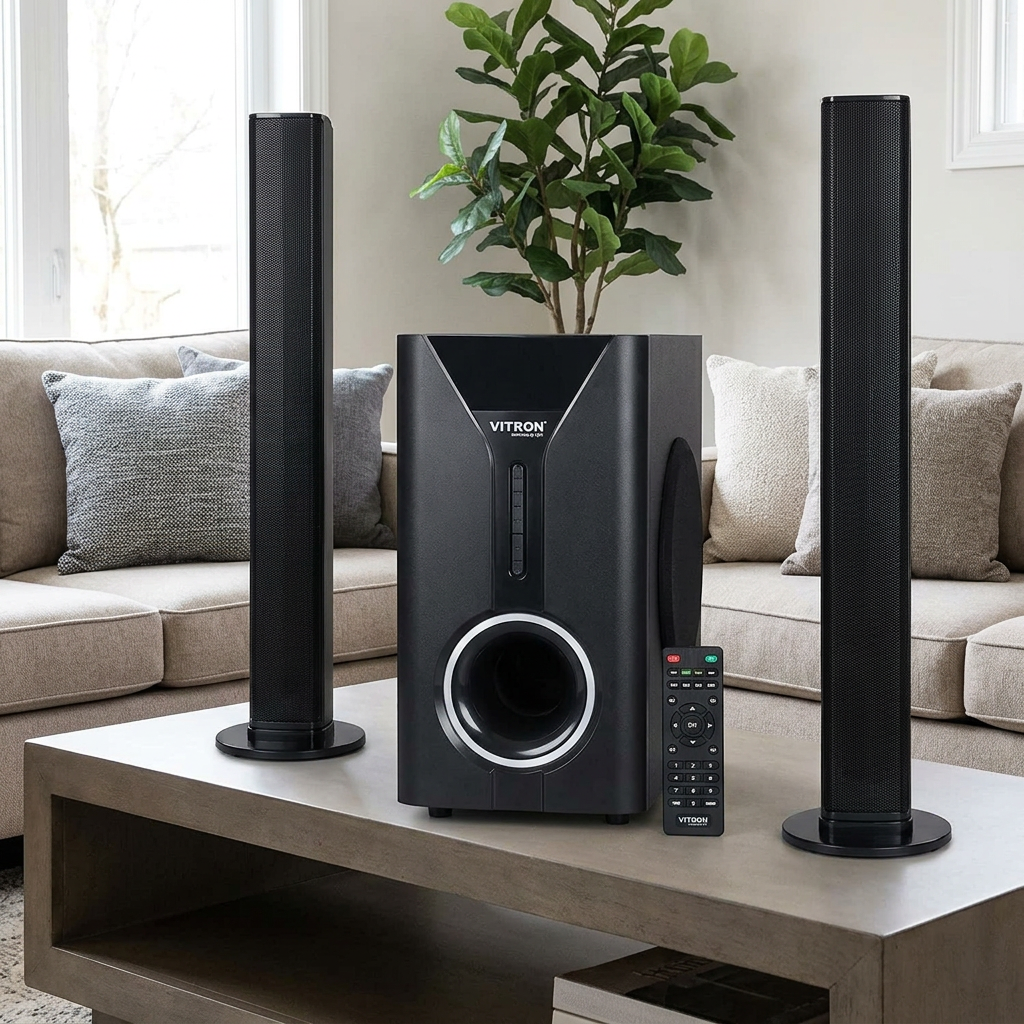 AI-edited Vitron V527 speaker system in living room; furnishings not included.