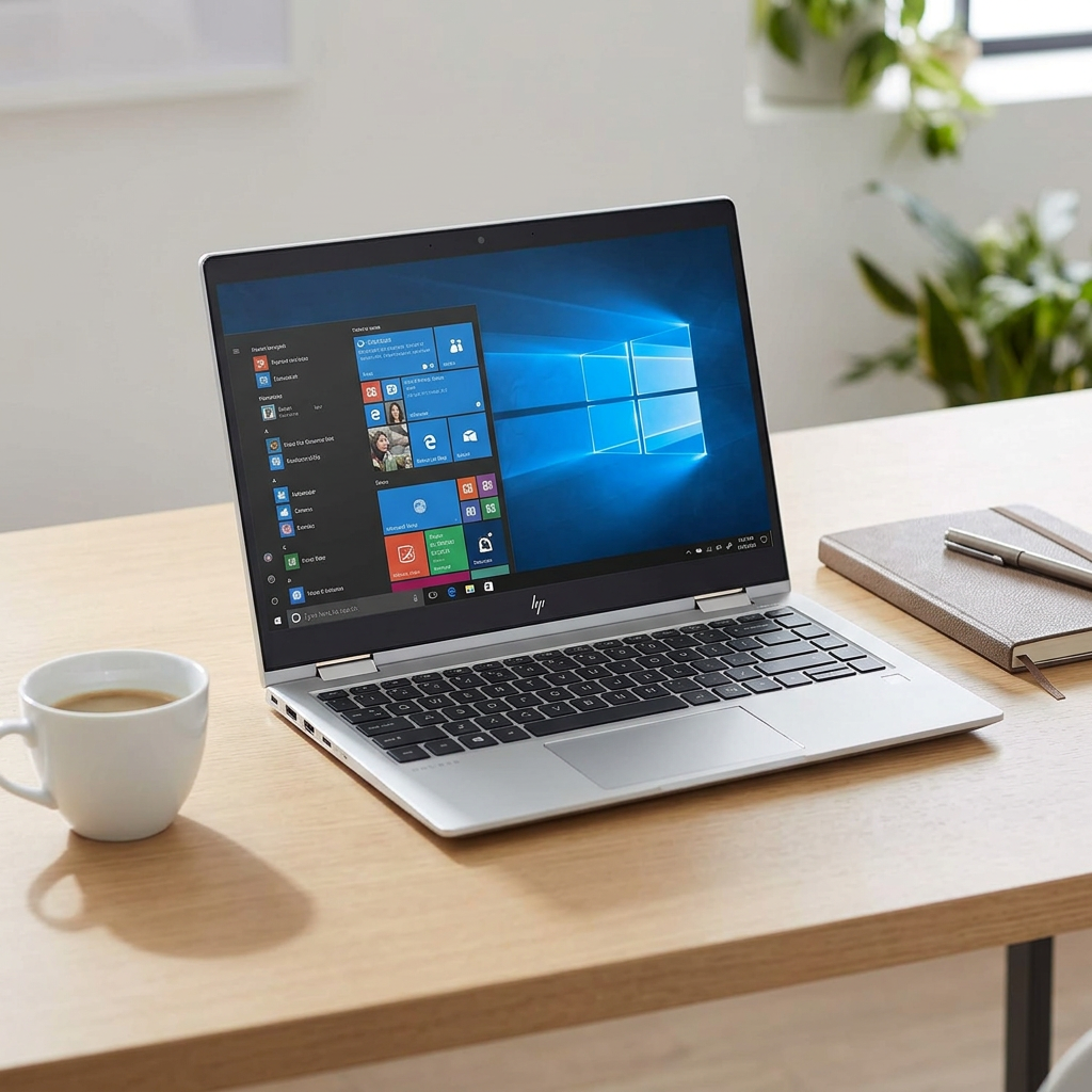 Silver HP laptop open on a desk beside a notebook and coffee cup.