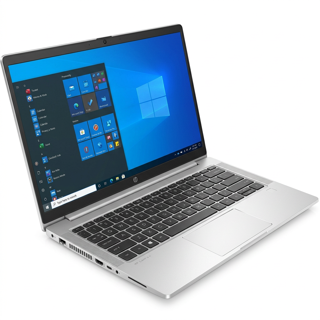 Silver HP laptop open at a three-quarter angle showing keyboard and screen on white.