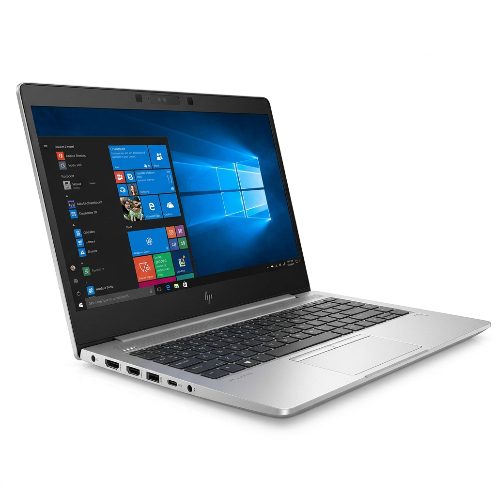 Silver HP laptop open at a three-quarter angle on a white background.