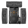 AI-edited Vitron V651 speaker system and remote on white with display off.