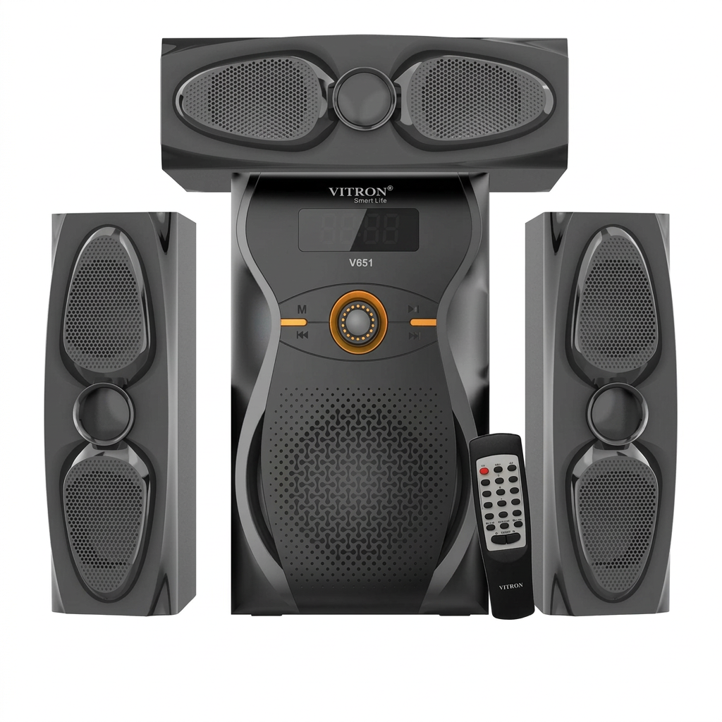 AI-edited Vitron V651 speaker system and remote on white with display off.