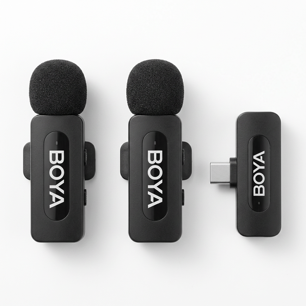 AI-generated unpacked illustration of two BOYA V20 microphone units and a USB-C receiver