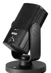 Black RØDE NT-USB Mini microphone with front dial and circular desktop base on white