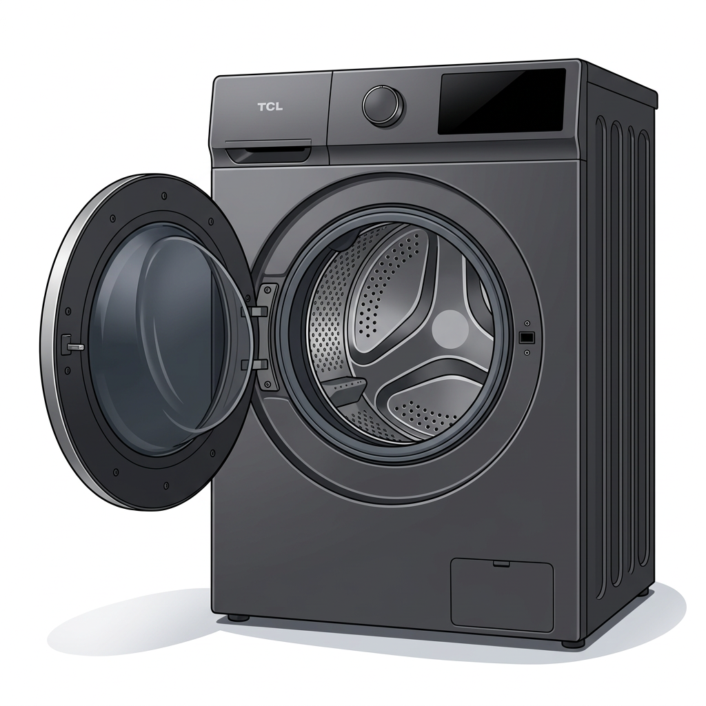 AI-edited TCL washer with door open; drum, gasket and hinge arrangement illustrative.