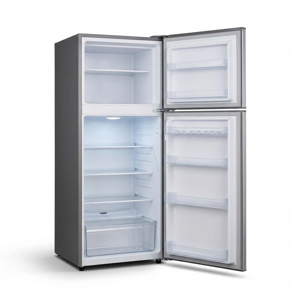 AI-edited reference-based GNIX FR-211DF refrigerator with both doors open