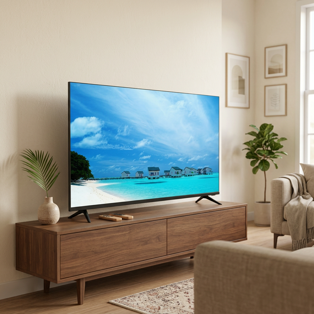 AI-edited Vision Plus TV on living-room console with illustrative beach screen; furniture and props not included.