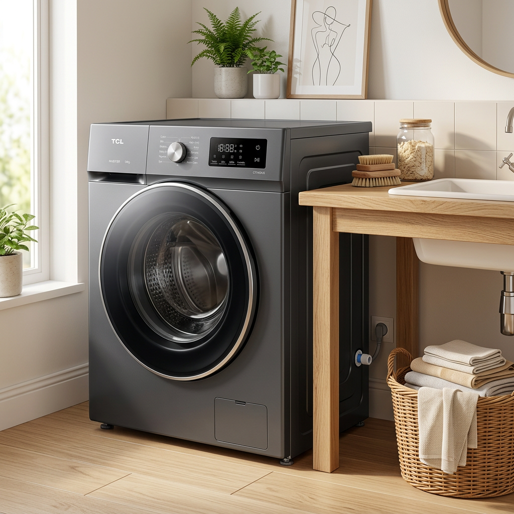 AI-edited TCL washer laundry-room illustration; furniture, basket and towels not included, scale illustrative.