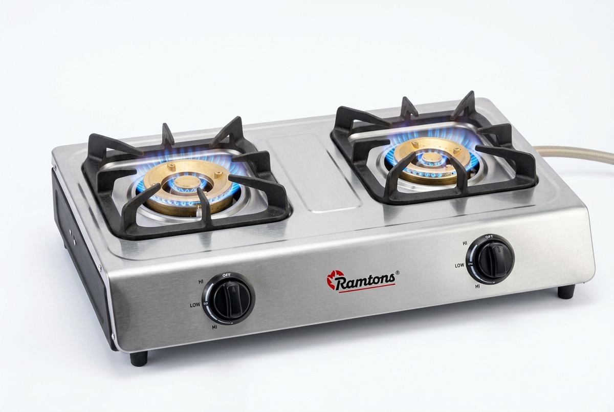 Ramtons RG/501 Double Burner Gas Cooker - Burners Lit