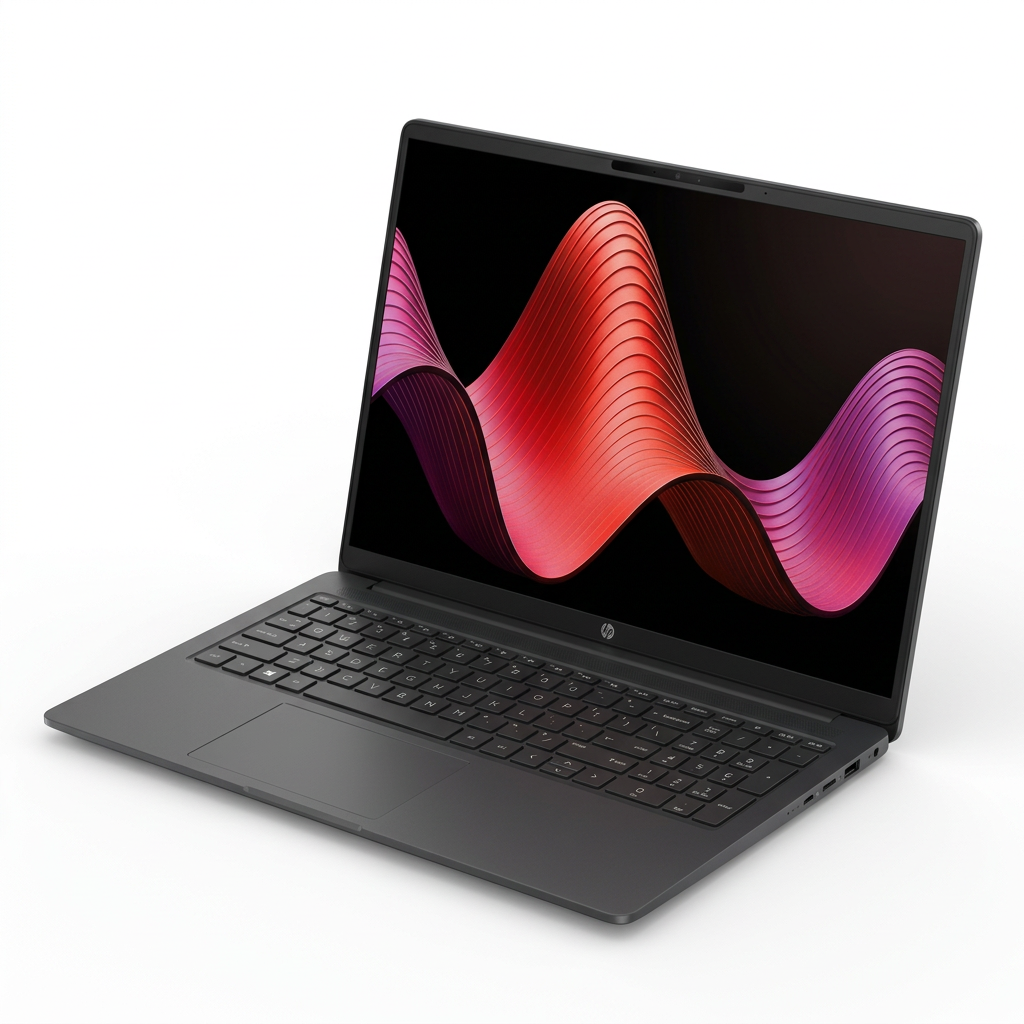 AI-generated illustration of an open dark grey HP OmniBook 3 laptop with a red and magenta wave wallpaper