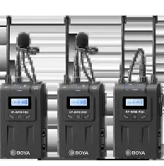 BOYA WM8 Pro reference showing three black bodypack-style units with antennas and front displays; K1 package quantities require confirmation