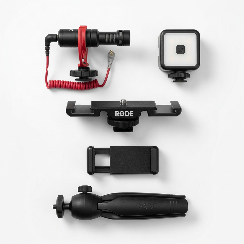 AI-generated laid-out view of RØDE Vlogger Kit components based on the supplied product image