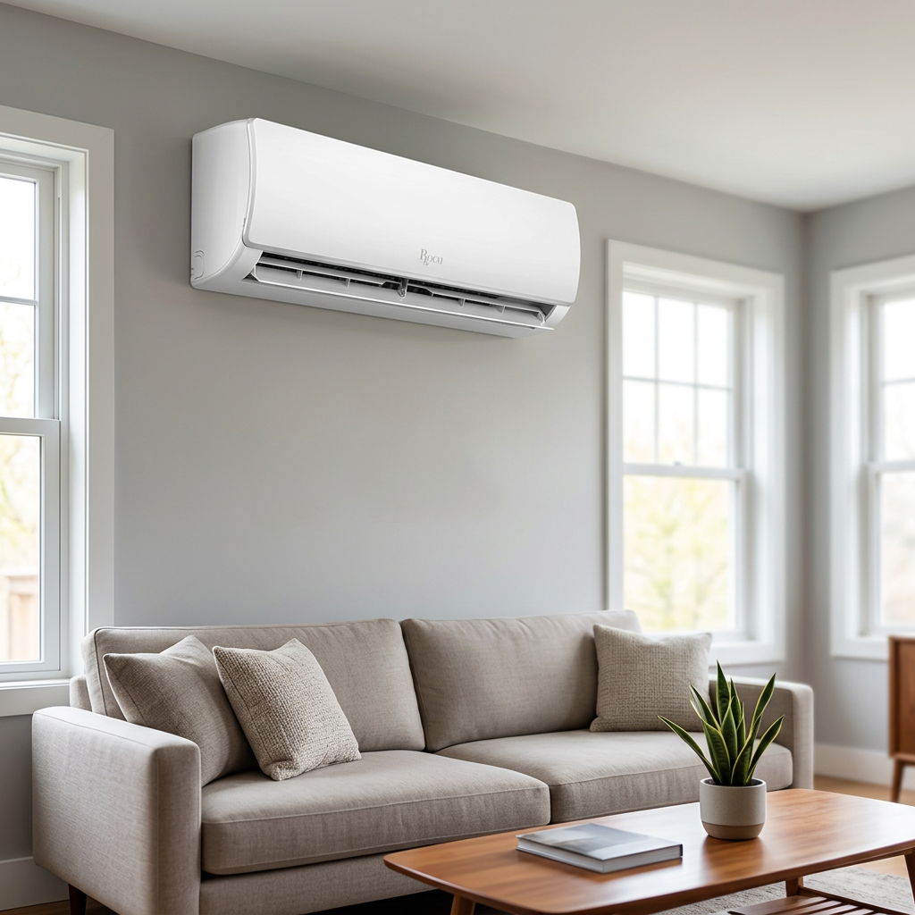 AI-generated reference-based ROCH indoor split AC in an illustrative living room