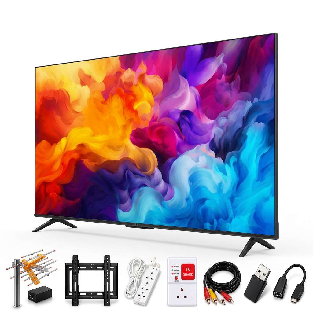 AI-edited TCL angled TV bundle illustration with antenna, wall bracket, extension strip, TV guard, AV cable, flash drive and OTG cable; exact accessories subject to confirmation.
