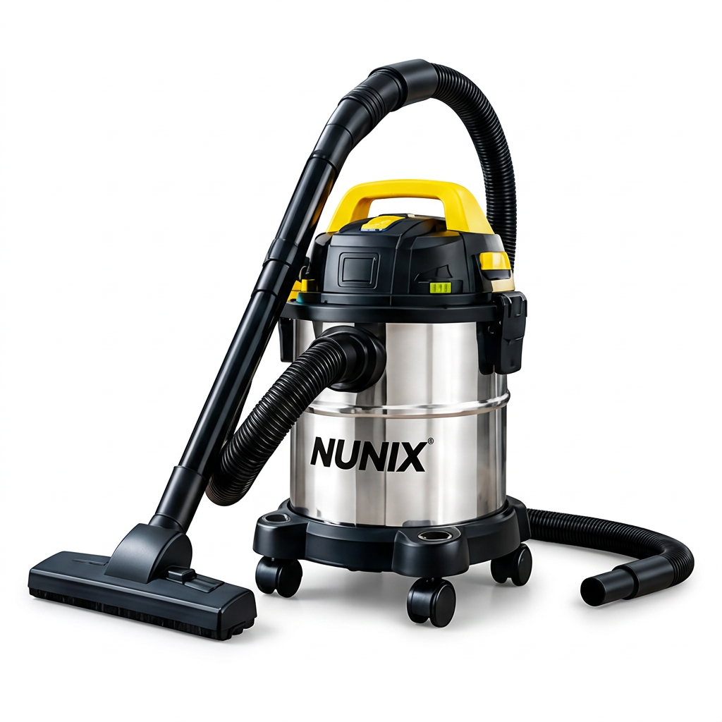AI-edited Nunix stainless-steel wet and dry vacuum with hose, wand and floor nozzle on white.