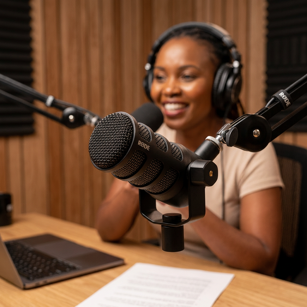 AI-generated illustration of a podcaster speaking into a black RØDE PodMic USB microphone in a studio