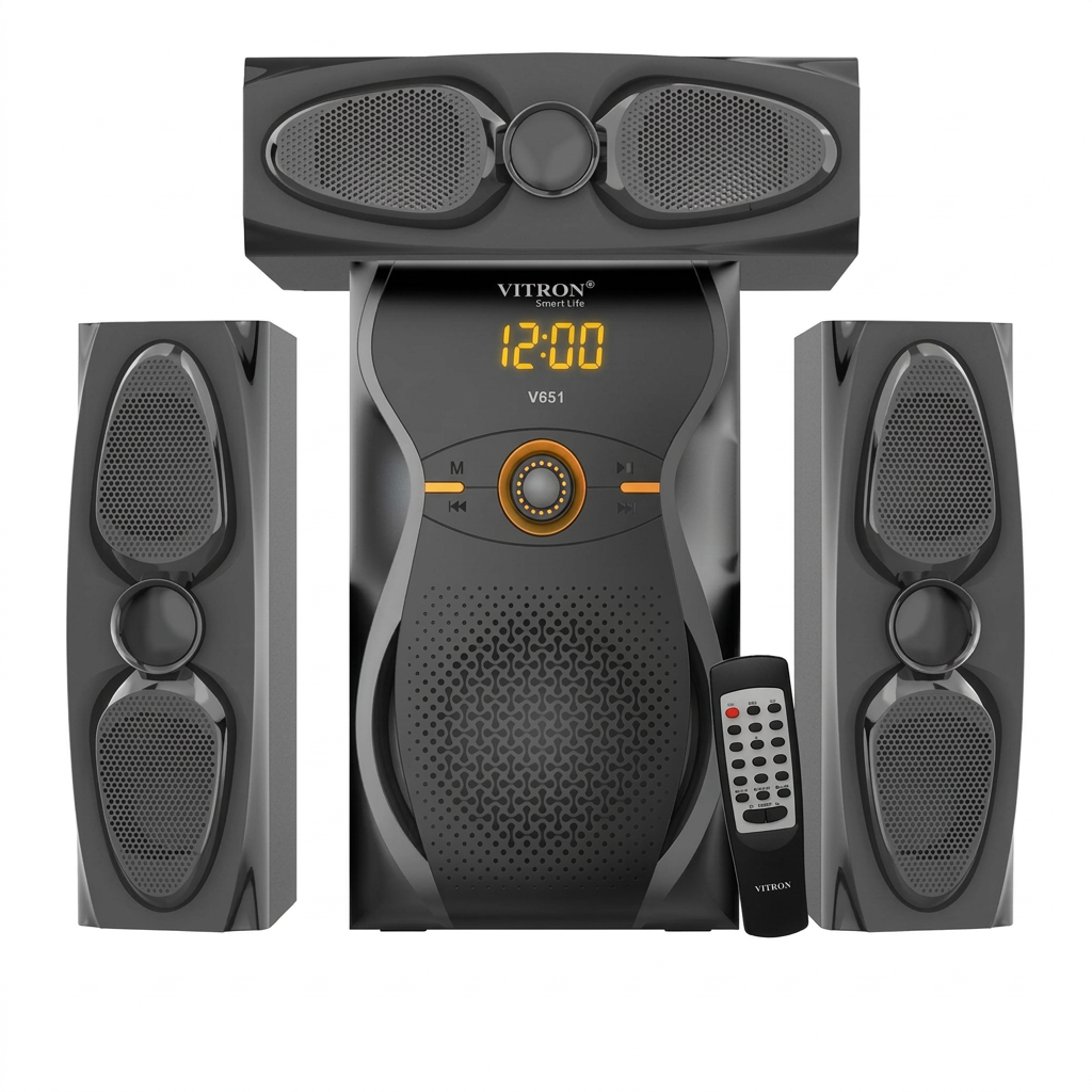 AI-edited Vitron V651 speaker system on white with illustrative illuminated display.